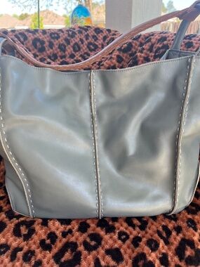 The Sak Gray Leather Tote with Contrast Stitching
